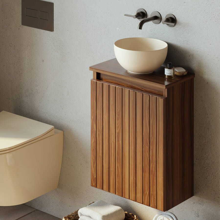 Fontana Bano toiletmeubel ribbelfront walnoot 40x22cm met waskom in licht ivoor