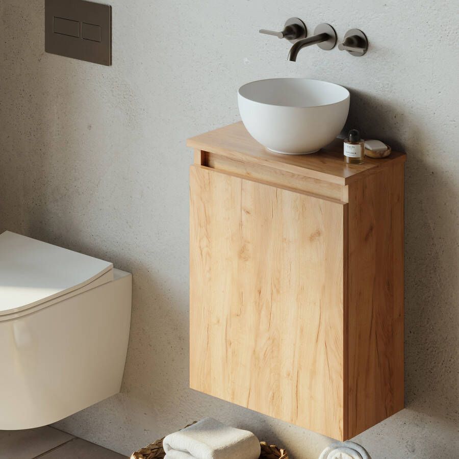 Fontana Bano toiletmeubel warm eiken 40x22cm met mat witte waskom