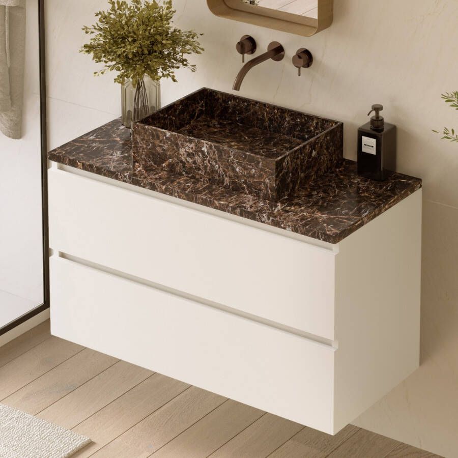 Fontana Dark Emperador badmeubel 100cm mat wit met rechthoekige waskom en toppaneel