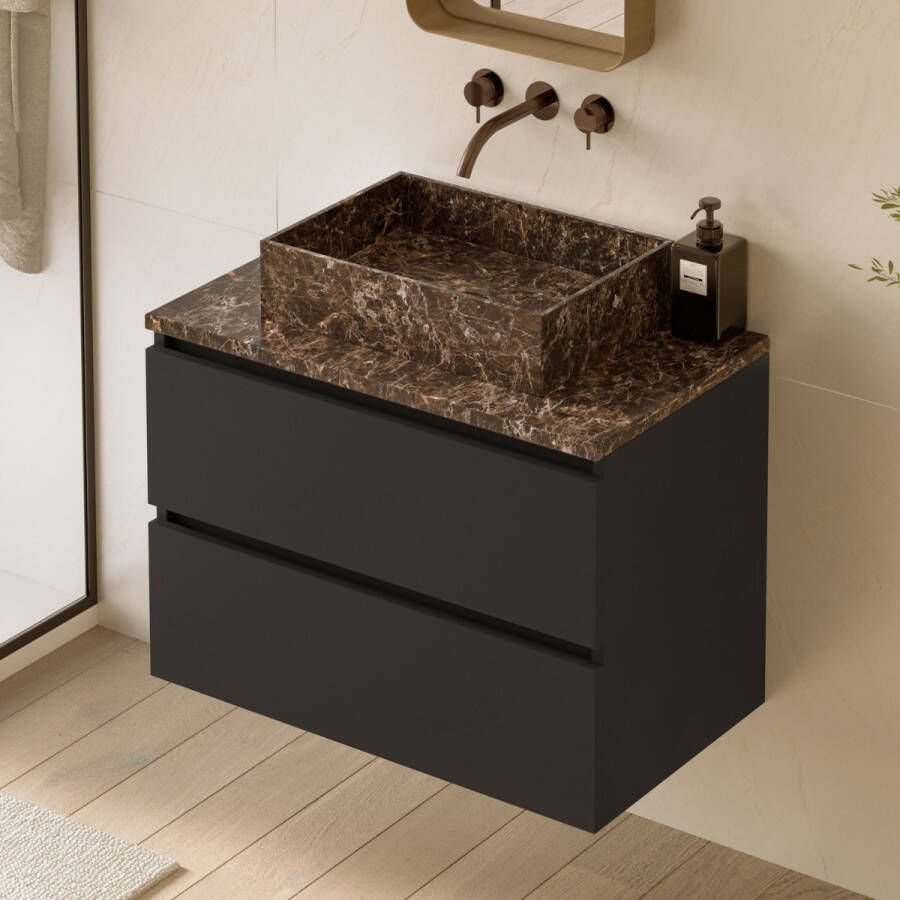 Fontana Dark Emperador badmeubel 80cm mat zwart met rechthoekige waskom en toppaneel