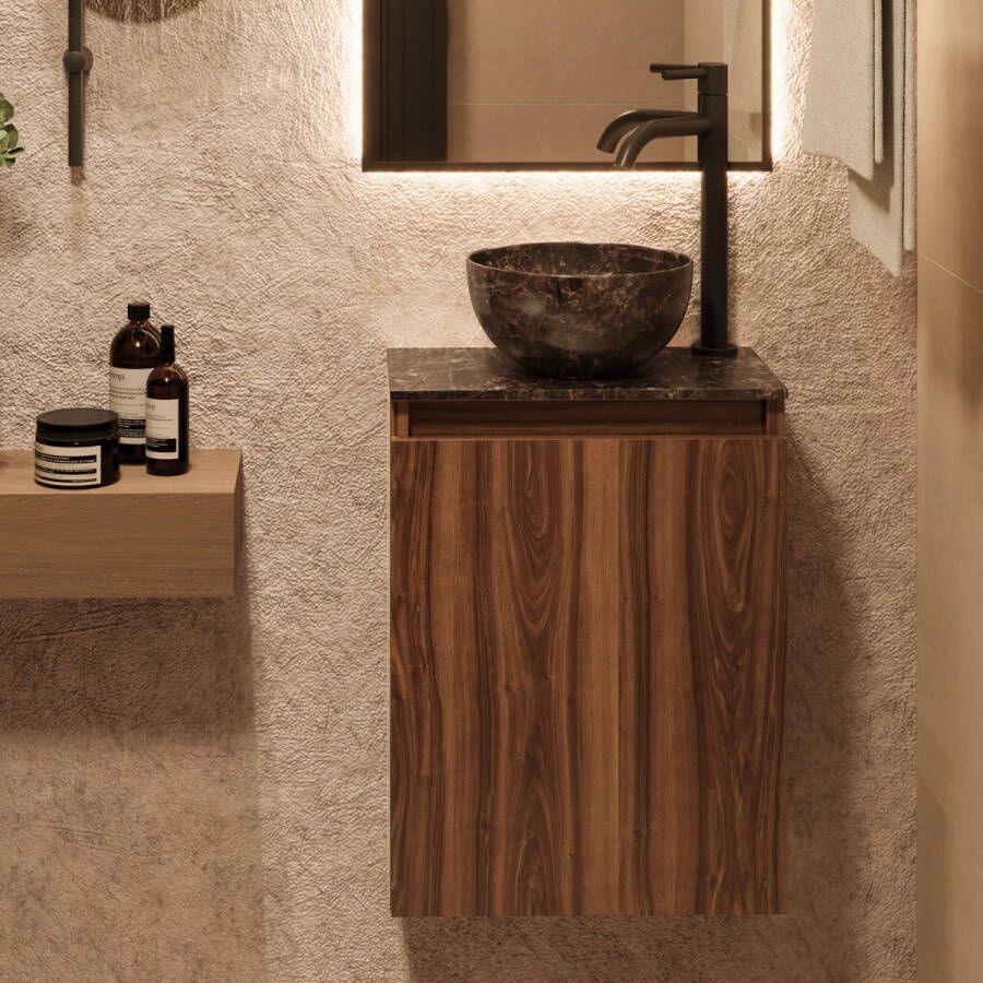 Fontana Dark Emperador Micro Marble toiletmeubel 40cm walnoot