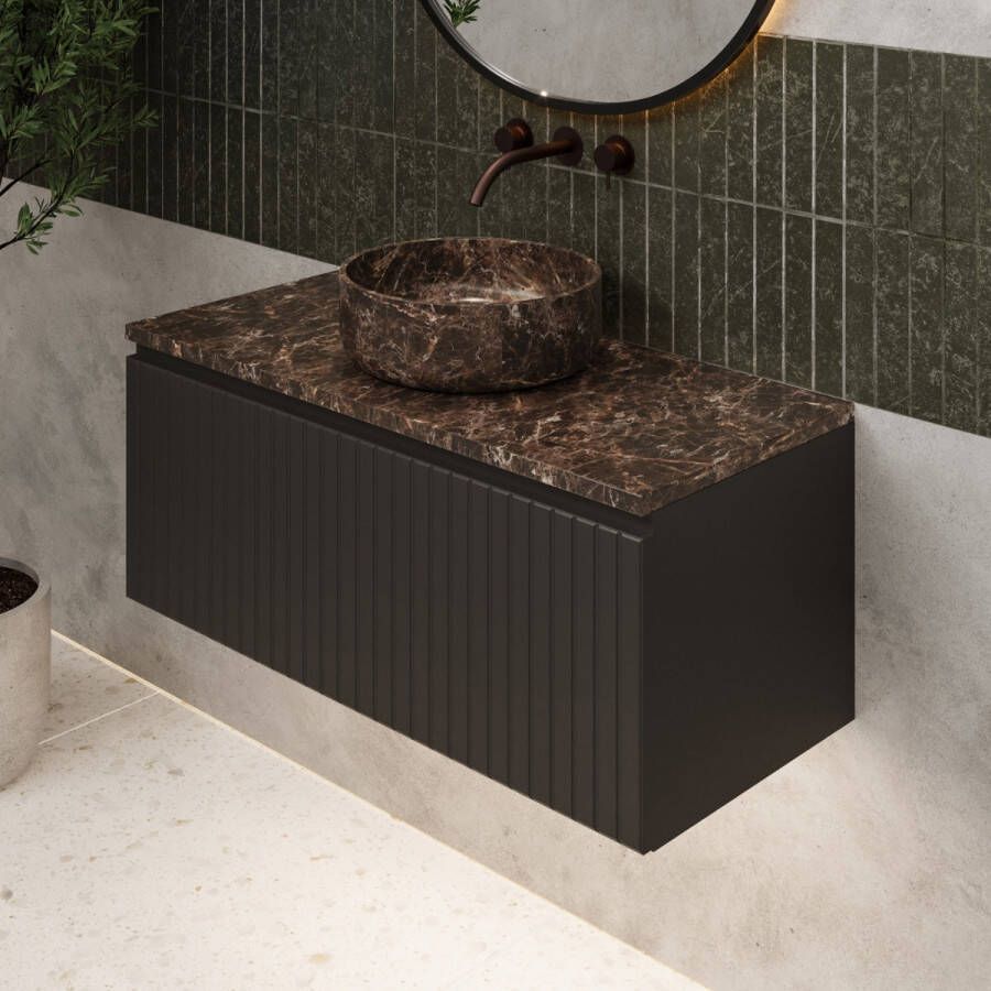 Fontana Dark Emperador ribbelfront badmeubel 100cm mat zwart met ronde waskom en toppaneel