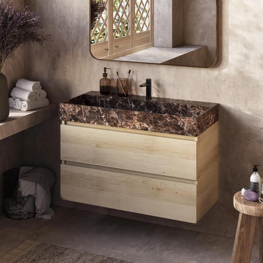 Fontana Dark Emperador badkamermeubel beach eiken 100cm met kraangat