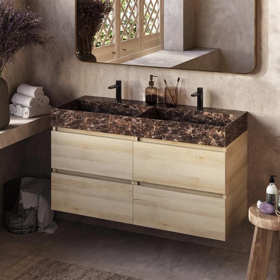 Fontana Dark Emperador badkamermeubel beach eiken 120cm met 2 kraangaten