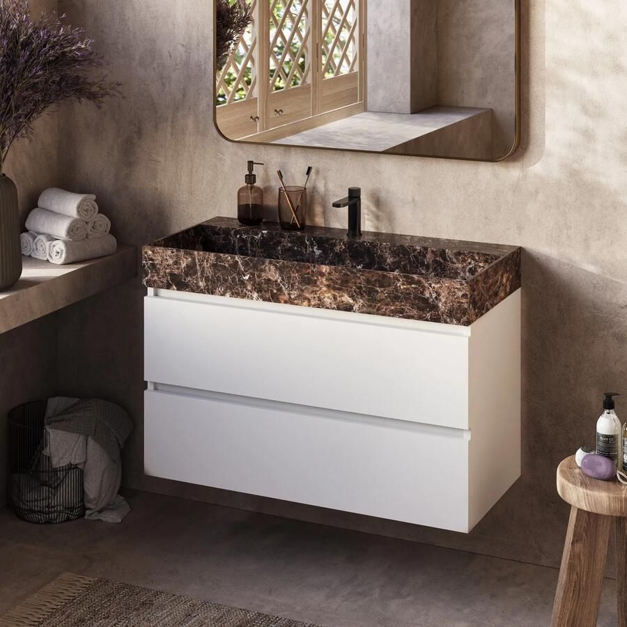 Fontana Dark Emperador badkamermeubel mat wit 100cm met kraangat