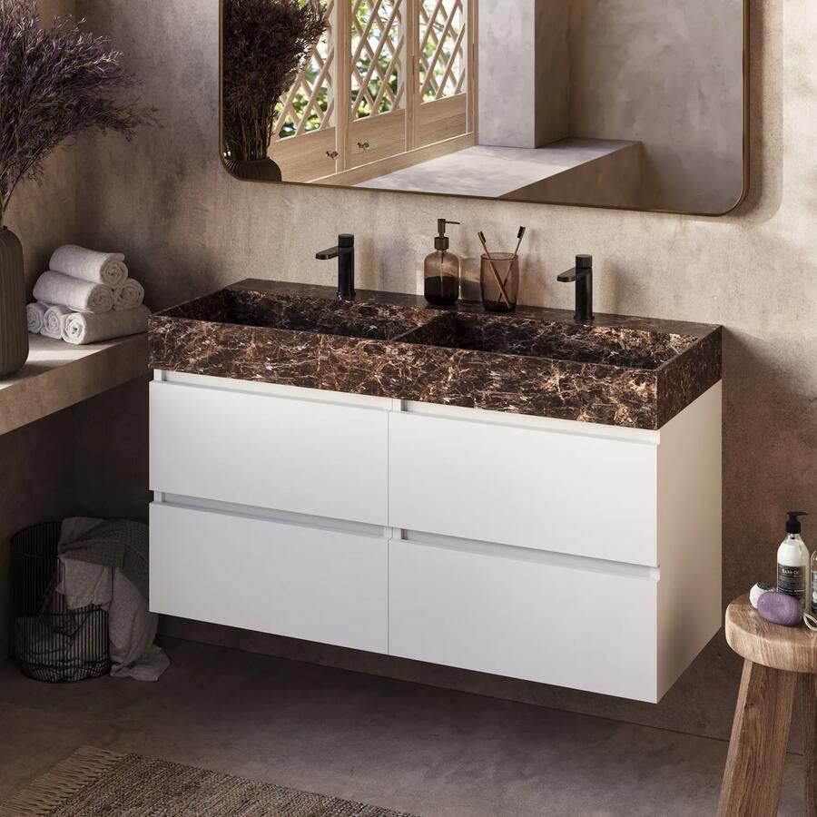 Fontana Dark Emperador badkamermeubel mat wit 120cm met 2 kraangaten