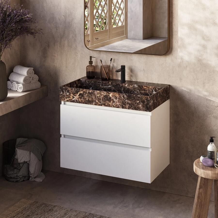 Fontana Dark Emperador badkamermeubel mat wit 80cm met kraangat