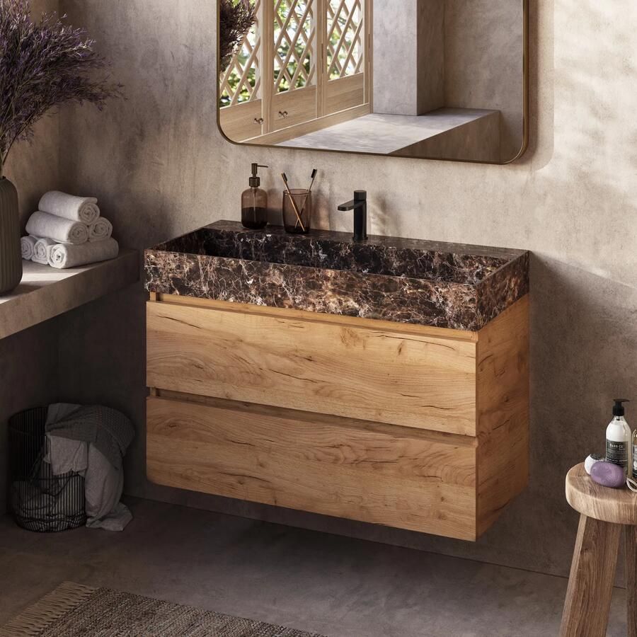 Fontana Dark Emperador badkamermeubel warm eiken 100cm met kraangat