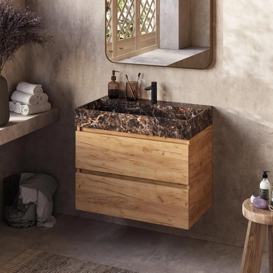 Fontana Dark Emperador badkamermeubel warm eiken 80cm met kraangat