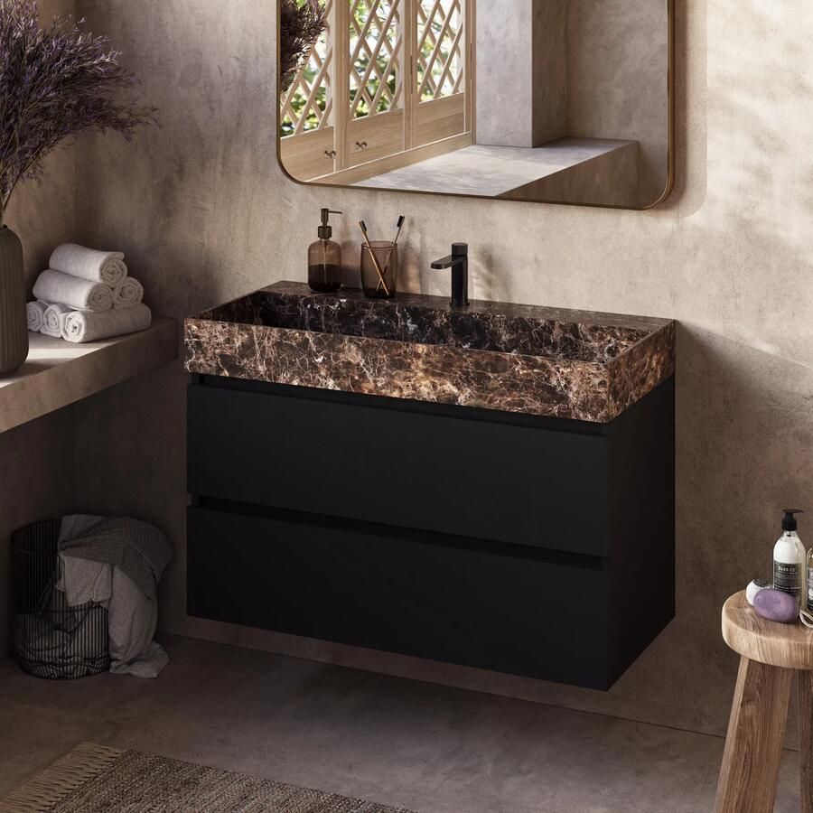 Fontana Dark Emperador badkamermeubel zwart mat 100cm met kraangat