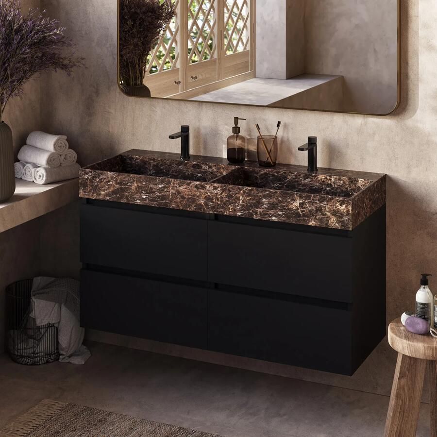 Fontana Dark Emperador badkamermeubel zwart mat 120cm met 2 kraangaten