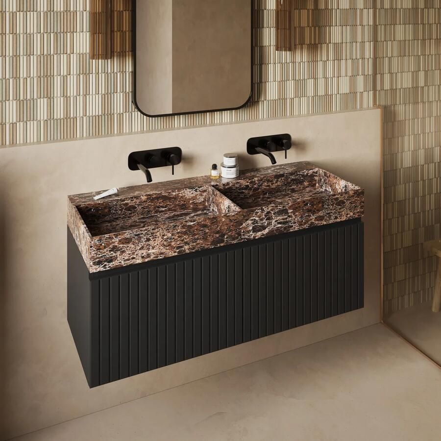 Fontana Dark Emperador badmeubel 120cm mat zwart met ribbelfront zonder kraangaten
