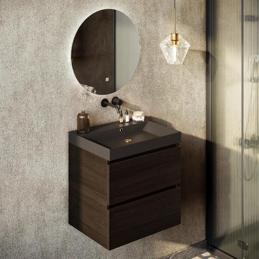 Fontana Kolo wastafelmeubel kasteel bruin 60cm zwarte wastafel 0 kraangaten met ronde spiegel