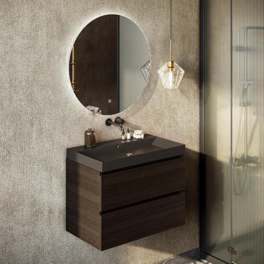 Fontana Kolo wastafelmeubel kasteel bruin 80cm zwarte wastafel 0 kraangaten met ronde spiegel