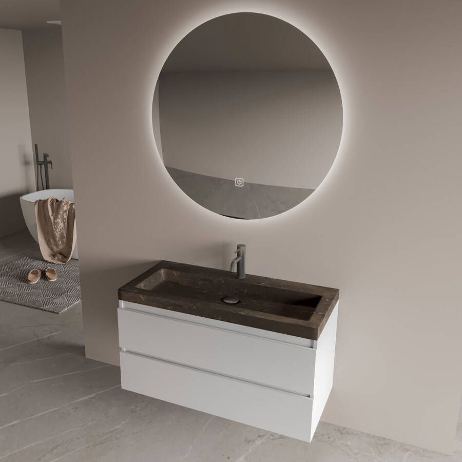 Fontana Freestone badkamermeubel mat wit 100cm met natuurstenen wastafel 1 kraangat en ronde spiegel
