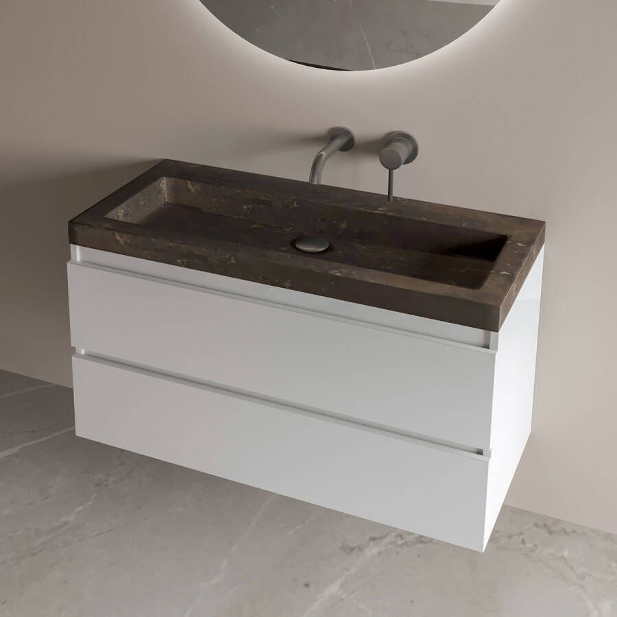 Fontana Freestone badkamermeubel mat wit 100cm met natuurstenen wastafel zonder kraangat
