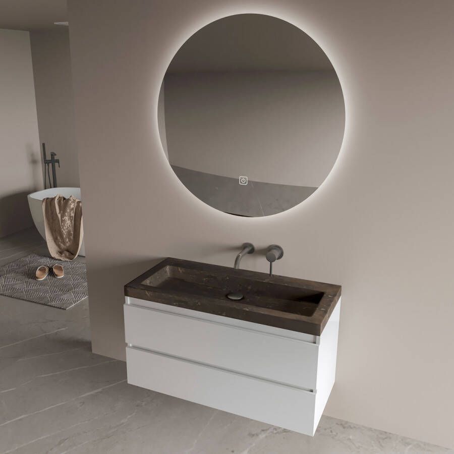 Fontana Freestone badkamermeubel mat wit 100cm met natuurstenen wastafel zonder kraangat en ronde spiegel