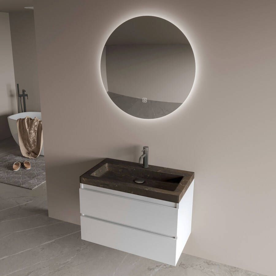 Fontana Freestone badkamermeubel mat wit 60cm met natuurstenen wastafel 1 kraangat en ronde spiegel