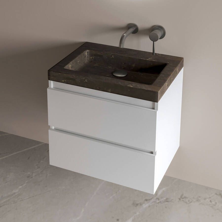 Fontana Freestone badkamermeubel mat wit 60cm met natuurstenen wastafel zonder kraangat