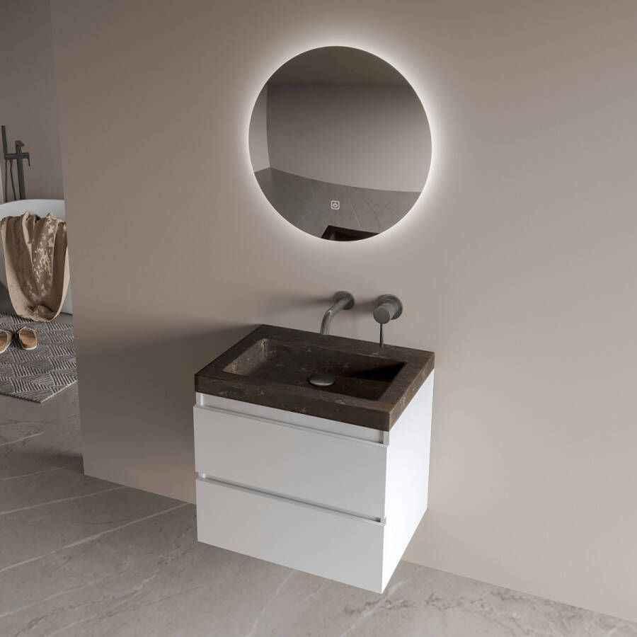 Fontana Freestone badkamermeubel mat wit 60cm met natuurstenen wastafel zonder kraangat en ronde spiegel