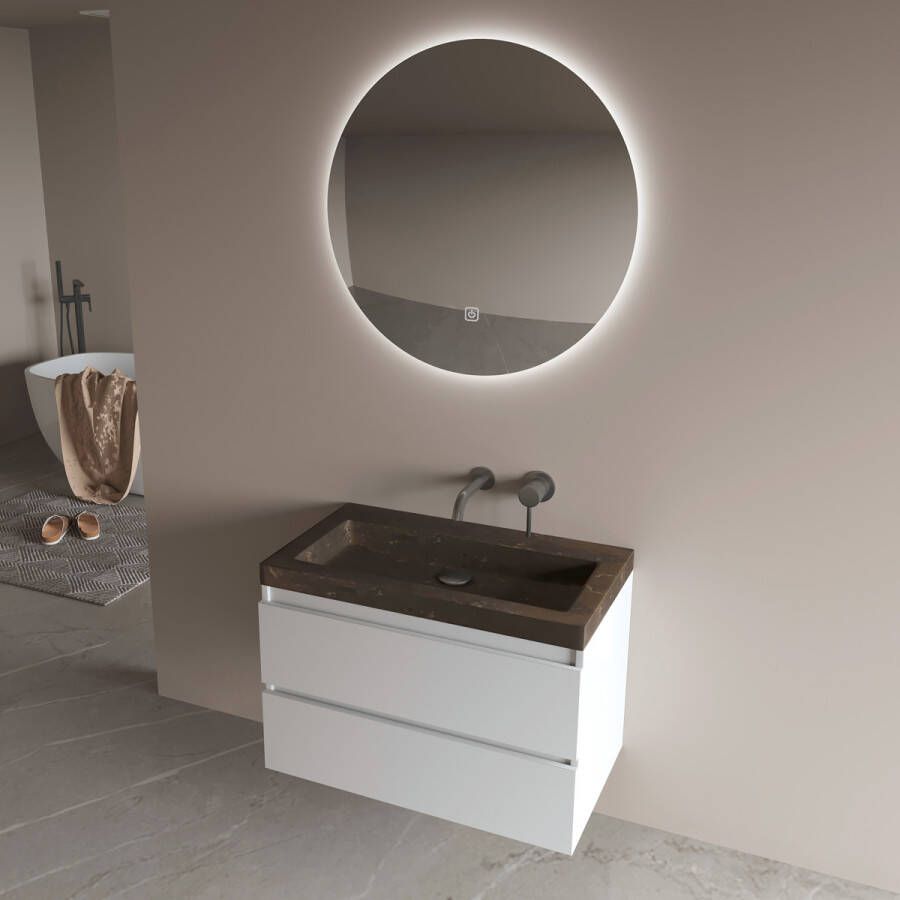 Fontana Freestone badkamermeubel mat wit 80cm met natuurstenen wastafel zonder kraangat en ronde spiegel