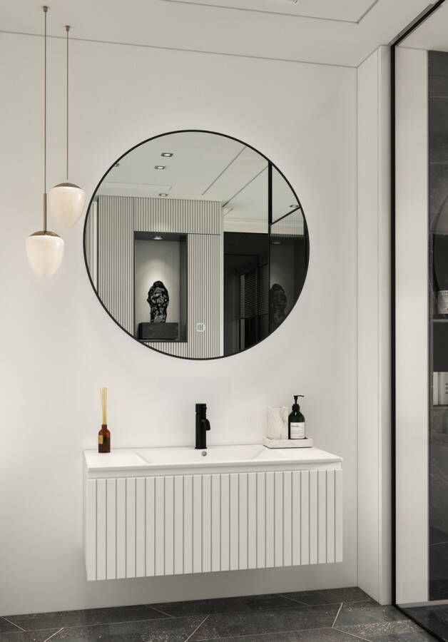 Fontana Lento wit badkamermeubel ribbelfront met witte wastafel 100cm 1 kraangat en ronde spiegel