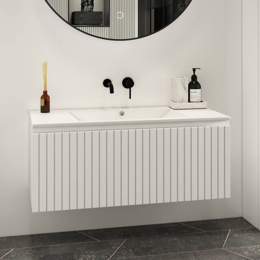 Fontana Lento wit badkamermeubel ribbelfront met witte wastafel 100cm zonder kraangat