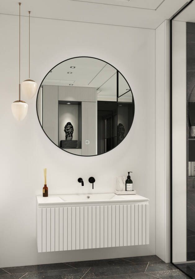Fontana Lento wit badkamermeubel ribbelfront met witte wastafel 100cm zonder kraangat en ronde spiegel