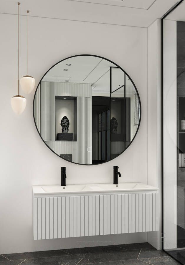 Fontana Lento wit badkamermeubel ribbelfront met witte wastafel 120cm 2 kraangaten en ronde spiegel