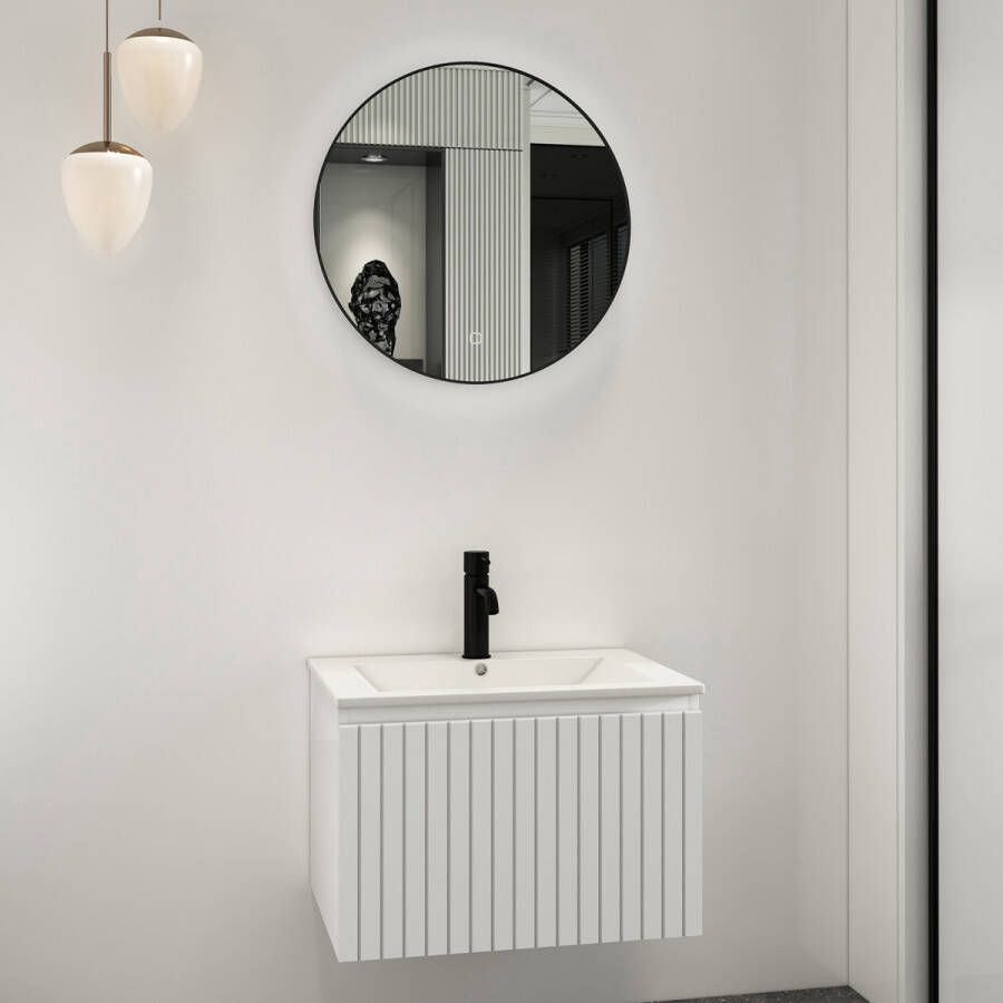 Fontana Lento wit badkamermeubel ribbelfront met witte wastafel 60cm 1 kraangat en ronde spiegel