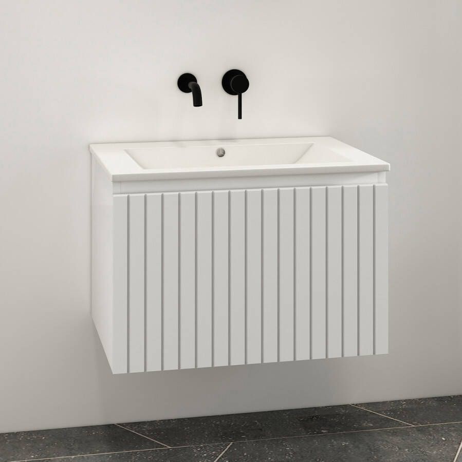 Fontana Lento wit badkamermeubel ribbelfront met witte wastafel 60cm zonder kraangat