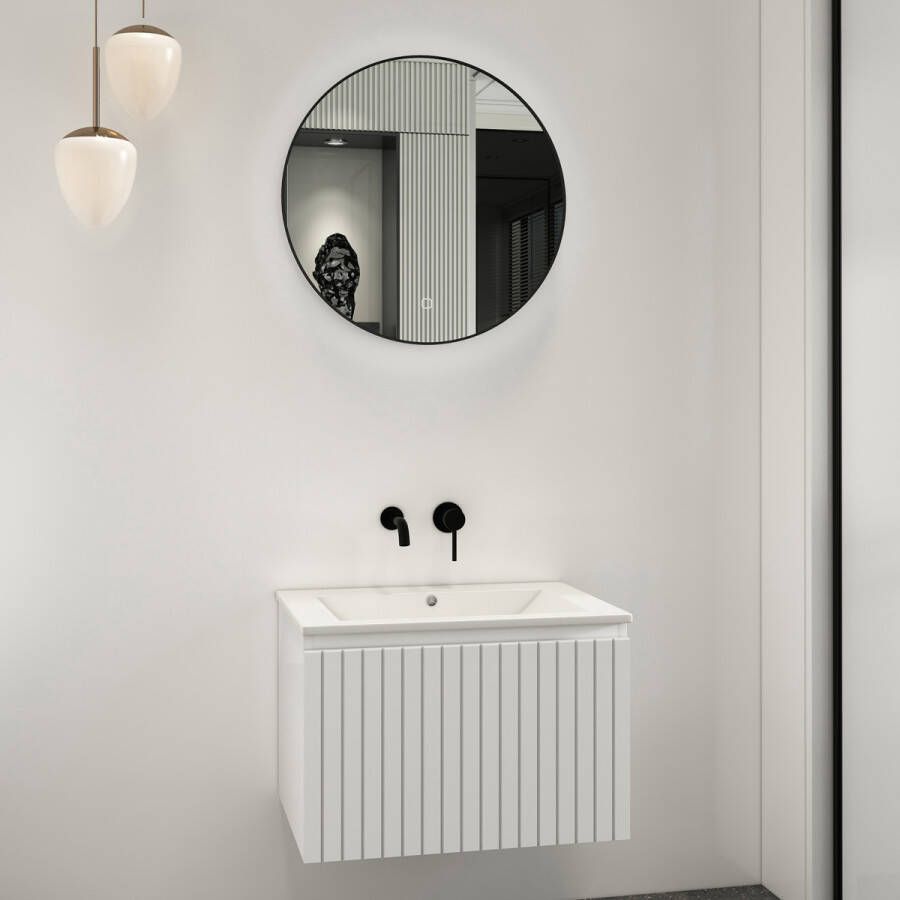 Fontana Lento wit badkamermeubel ribbelfront met witte wastafel 60cm zonder kraangat en ronde spiegel
