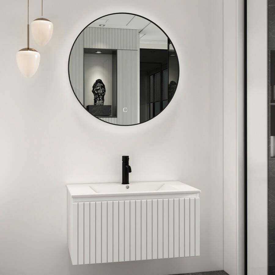 Fontana Lento wit badkamermeubel ribbelfront met witte wastafel 80cm 1 kraangat en ronde spiegel