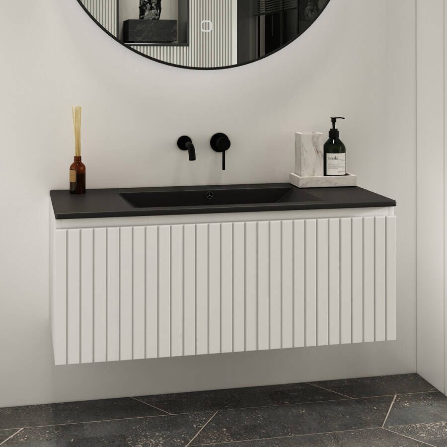 Fontana Lento wit badkamermeubel ribbelfront met zwarte wastafel 100cm zonder kraangat