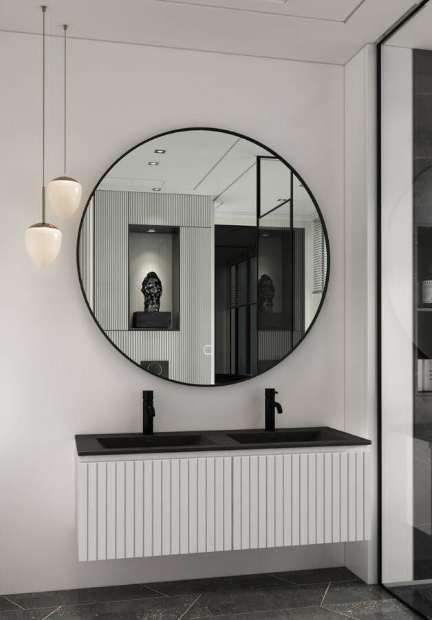 Fontana Lento wit badkamermeubel ribbelfront met zwarte wastafel 120cm 2 kraangaten en ronde spiegel