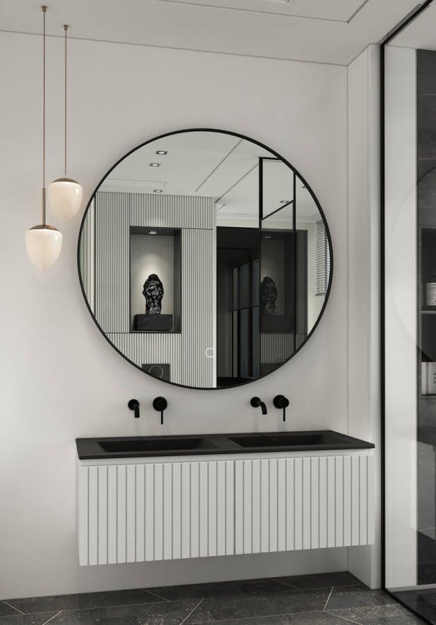 Fontana Lento wit badkamermeubel ribbelfront met zwarte wastafel 120cm zonder kraangaten en ronde spiegel