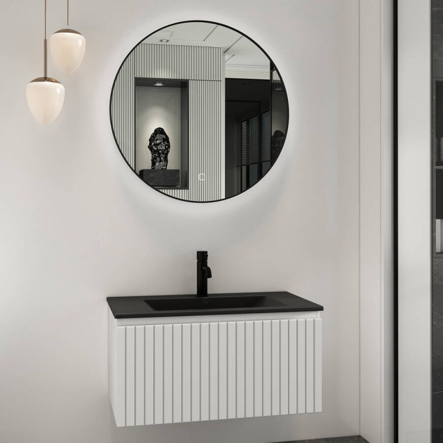 Fontana Lento wit badkamermeubel ribbelfront met zwarte wastafel 80cm 1 kraangat en ronde spiegel