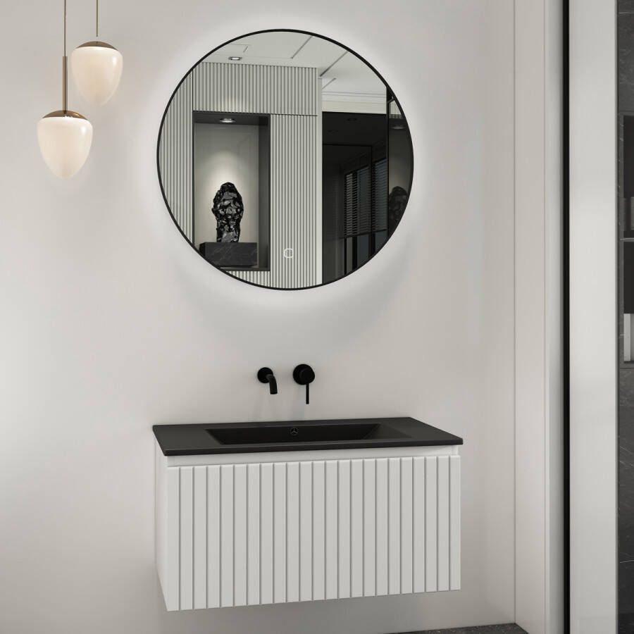 Fontana Lento wit badkamermeubel ribbelfront met zwarte wastafel 80cm zonder kraangat en ronde spiegel