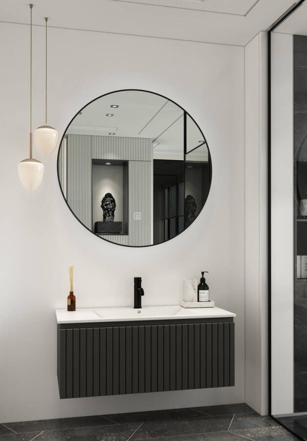 Fontana Lento zwart badmeubel ribbelfront 100cm met witte wastafel 1 kraangat en ronde spiegel