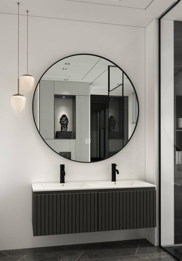 Fontana Lento zwart badmeubel ribbelfront 120cm met witte wastafel 2 kraangaten en ronde spiegel