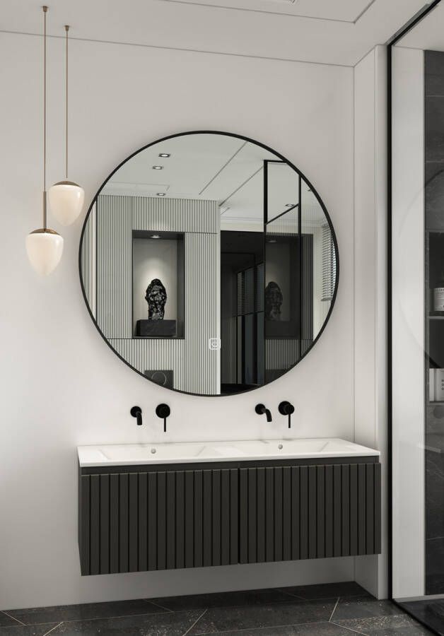 Fontana Lento zwart badmeubel ribbelfront 120cm met witte wastafel zonder kraangaten en ronde spiegel