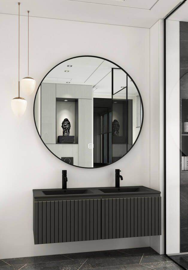 Fontana Lento zwart badmeubel ribbelfront 120cm met zwarte wastafel 2 kraangaten en ronde spiegel