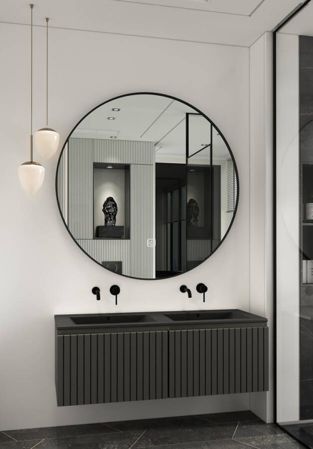 Fontana Lento zwart badmeubel ribbelfront 120cm met zwarte wastafel zonder kraangaten en ronde spiegel