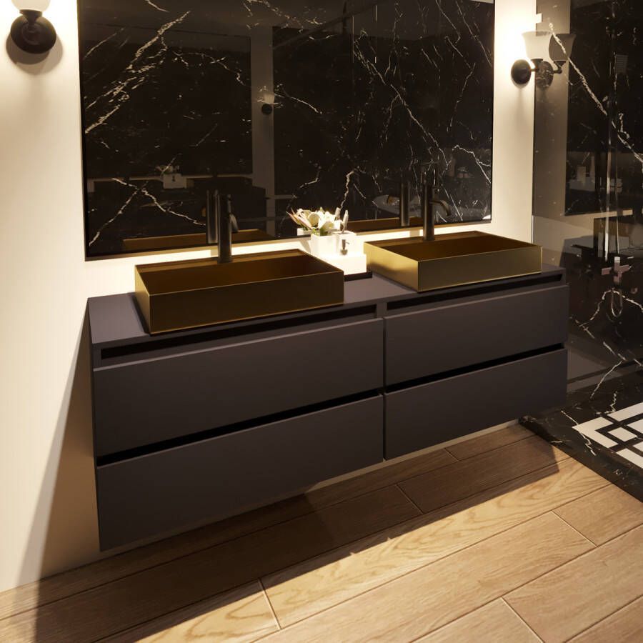 Fontana Maido mat zwart badkamermeubel 160cm met vierkante waskom mat goud