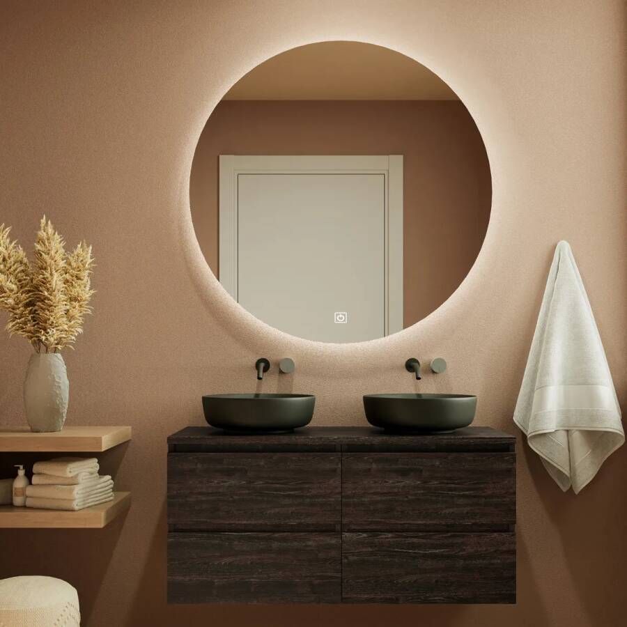 Fontana Proma badkamermeubel 120cm met zwarte waskommen en LED spiegel kasteel bruin