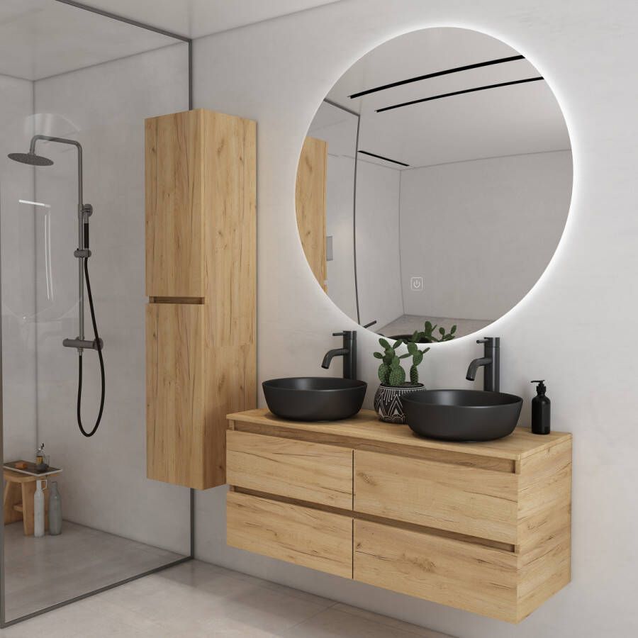 Fontana Proma badkamermeubel 120cm met zwarte waskommen en LED spiegel warm eiken
