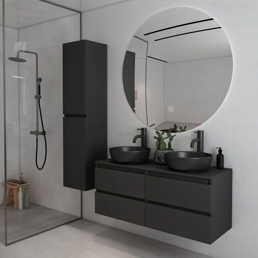 Fontana Proma badkamermeubel 120cm met zwarte waskommen en LED spiegel zwart mat