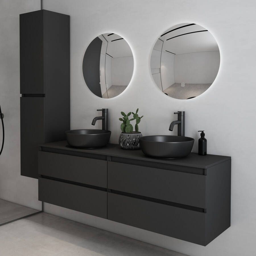 Fontana Proma badkamermeubel 160cm met zwarte waskommen en LED spiegels zwart mat