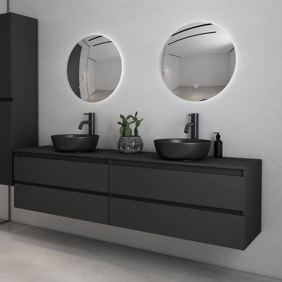 Fontana Proma badkamermeubel 200cm met zwarte waskommen en LED spiegels zwart mat