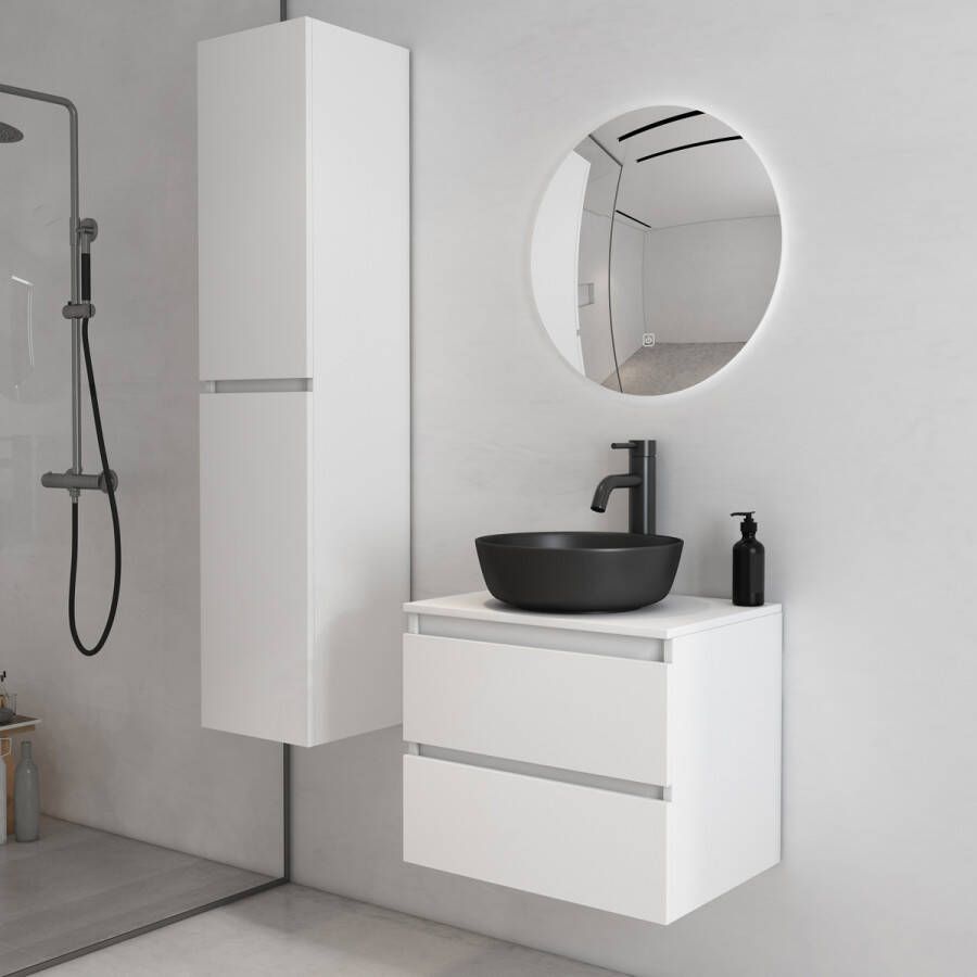 Fontana Proma badkamermeubel 60cm met zwarte waskom en LED spiegel mat wit